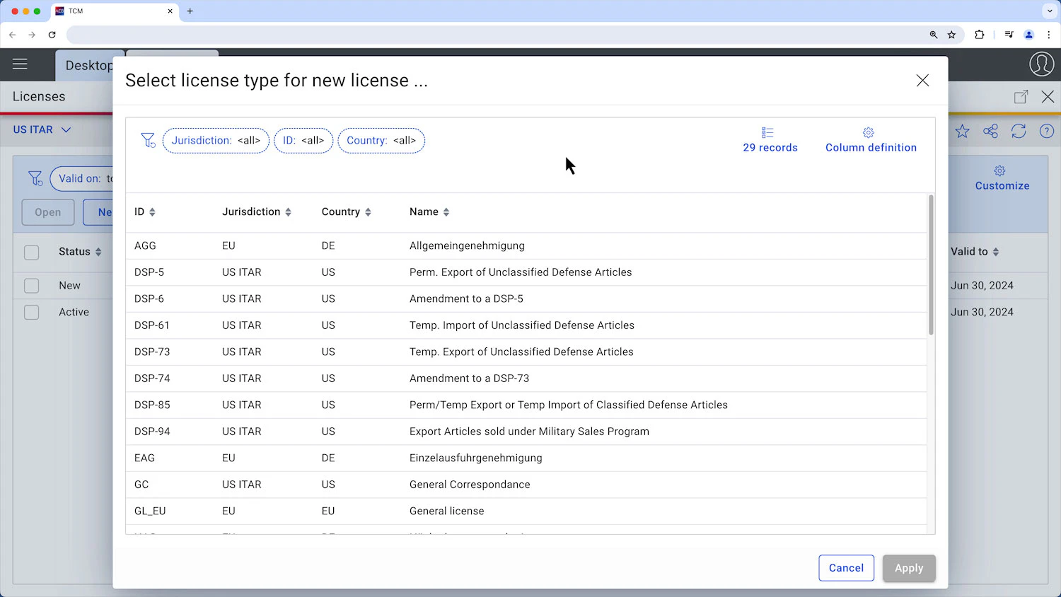 screenshot of AEB License Management